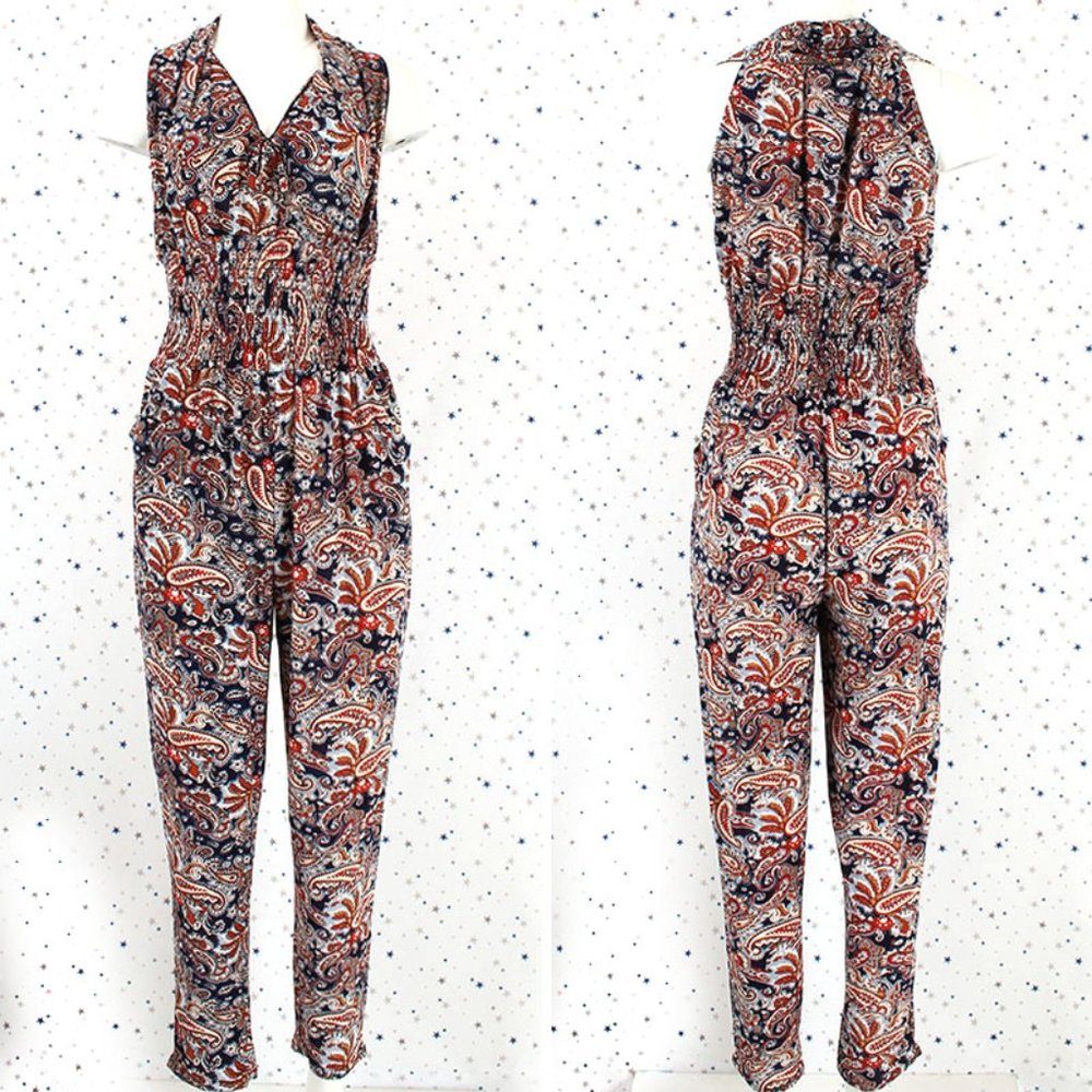 Sleeveless Multi Print Jumpsuit Navy Brown